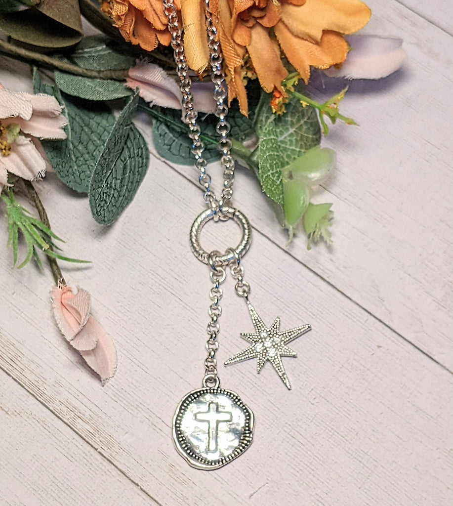 Cross North Star Charm Keeper Necklace - 18-24 inch