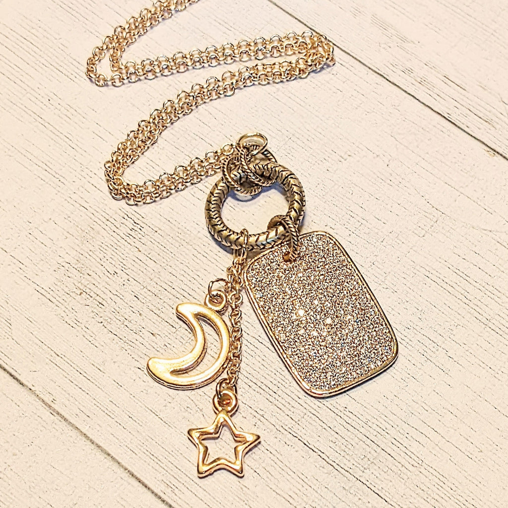 Gold CZ Tag Moon Star Charm Keeper Necklace, 18 - 24 inches