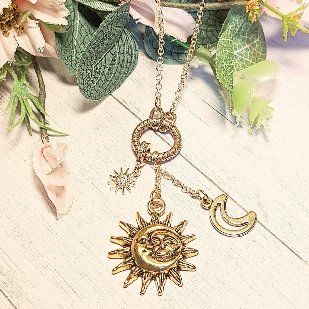 Gold Celestial Sun Moon Charm Keeper Necklace, 18 - 24 inches