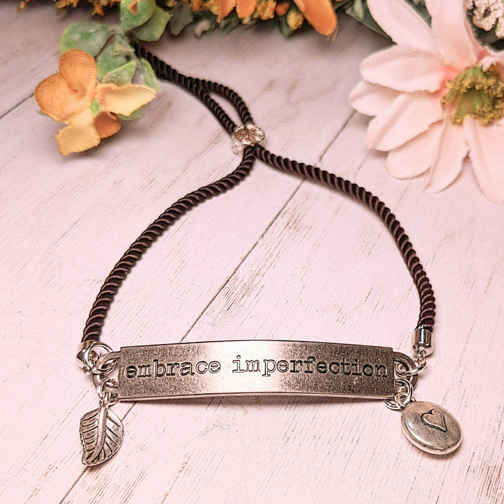 Embrace Imperfection Inspirational Quote Twisted Rope Bolo Bracelet