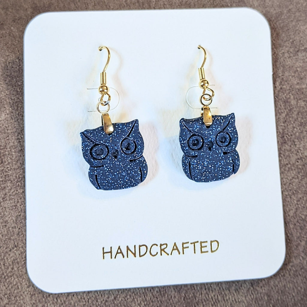 Sparkly Owl Clay hook earrings, Gold or Silver