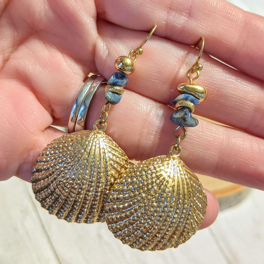 Sea Shell beaded dangle earrings, gold