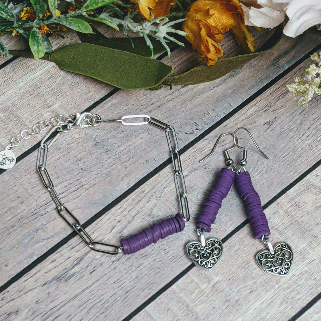 Heart Purple Heishi Paperclip Bracelet/Earring Set