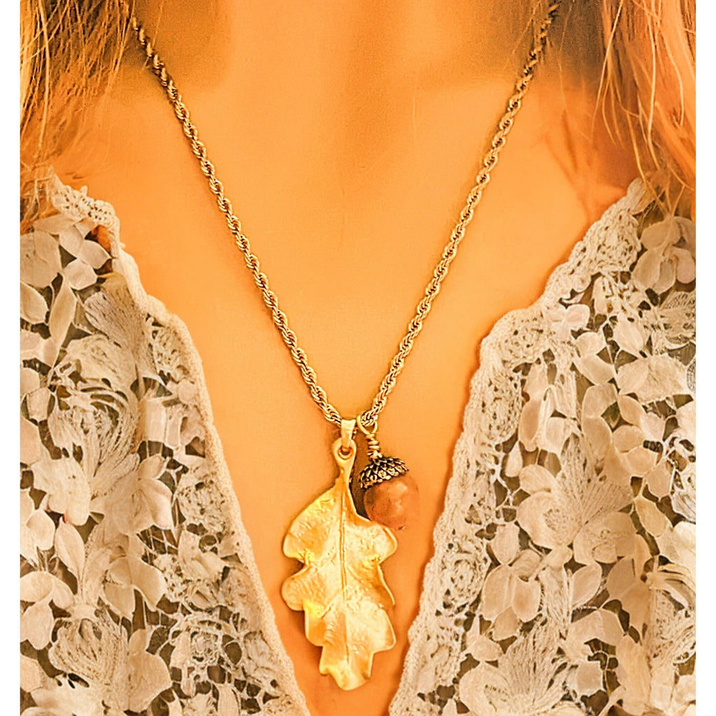 Moonstone Acorn Oak Leaf Necklace, Gold