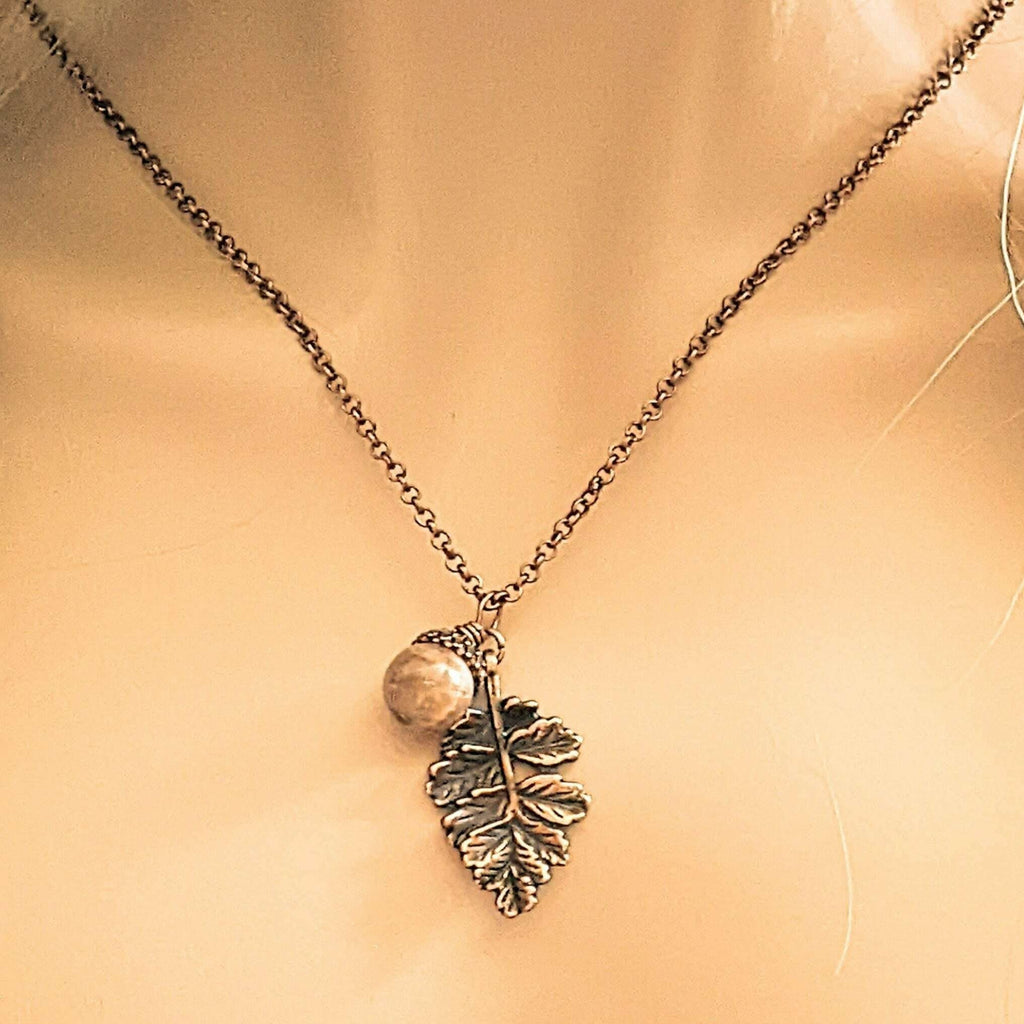 Acorn Oak Leaf Necklace, Antique Copper