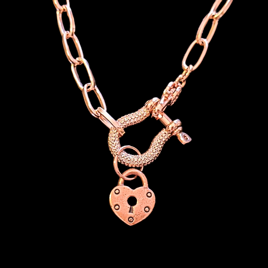 Rose-Gold Pave Shackle Heart Lock Necklace, 18-24 inches