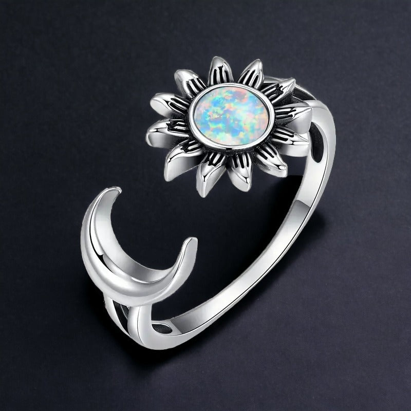 Crescent Moon Sun Opal Cuff Ring-Adjustable