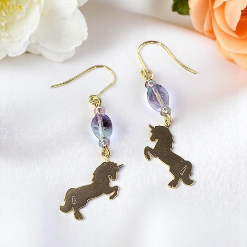 Unicorn Gemstone Gold dangle earrings