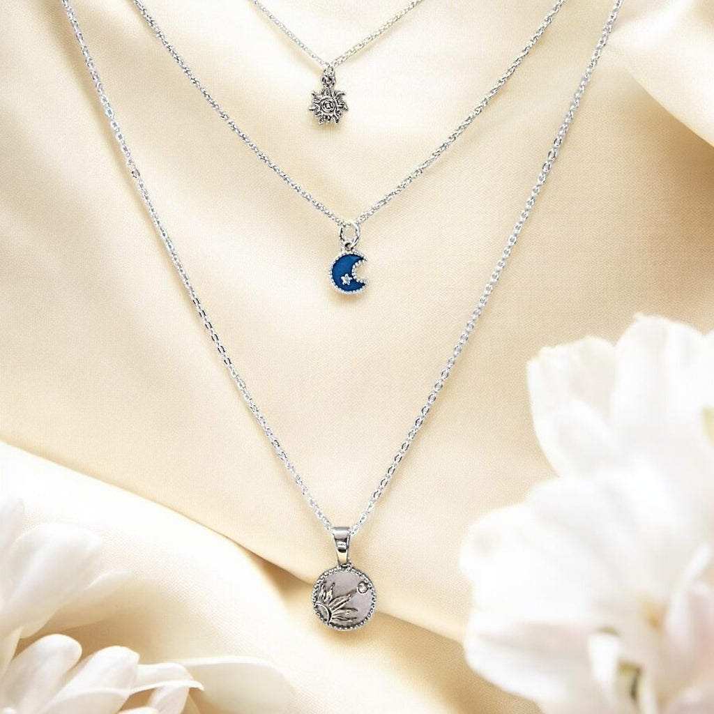 Silver Sun, Enamel Moon Layered Necklace Set