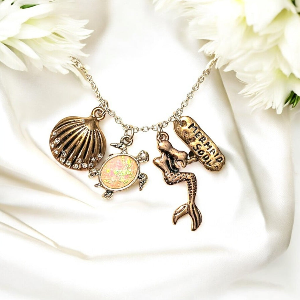 Two Tone Mermaid Sea Life Charm Necklace / Earring Set