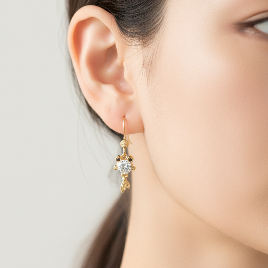 14K Gold CZ Goldfish Koi dangle earrings