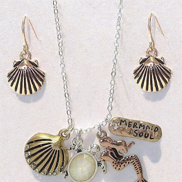 Two Tone Mermaid Sea Life Charm Necklace / Earring Set