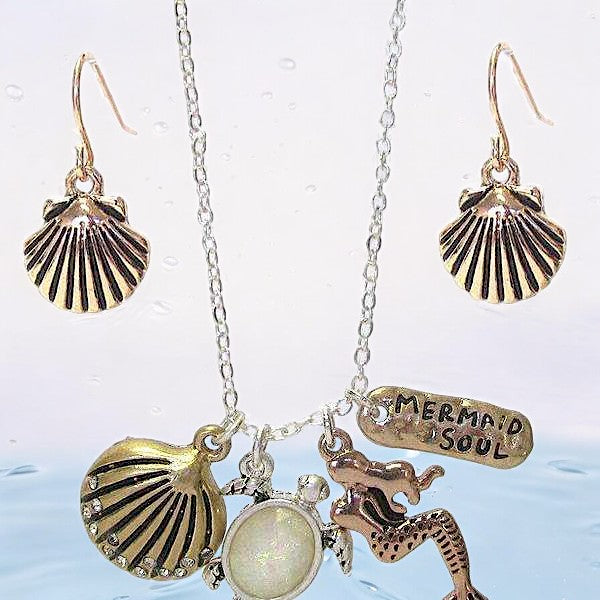 Two Tone Mermaid Sea Life Charm Necklace / Earring Set