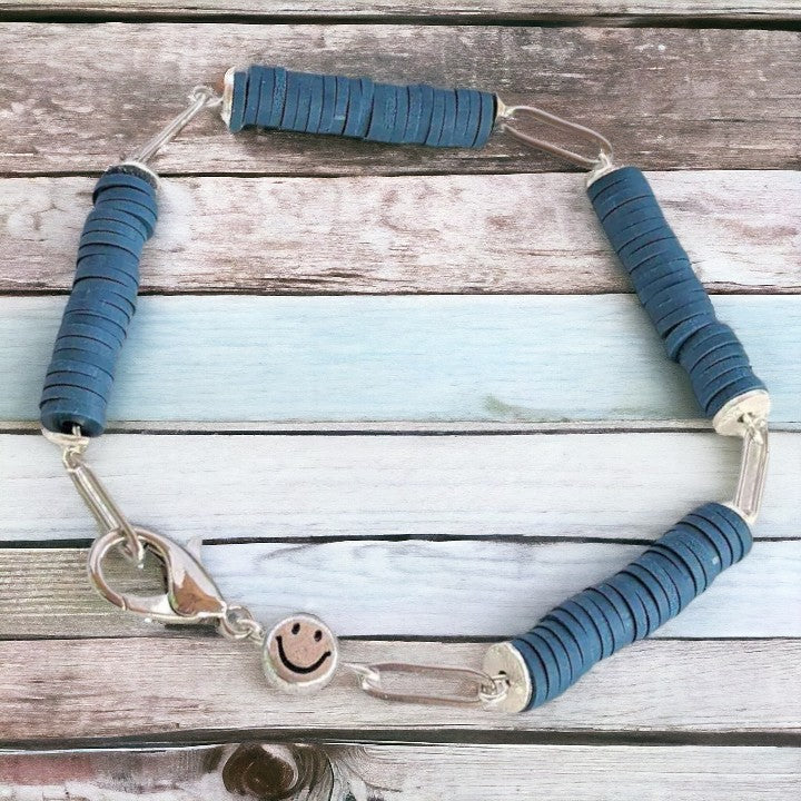 Dark Blue Smiley Stainless Steel Paperclip Chain Bracelet
