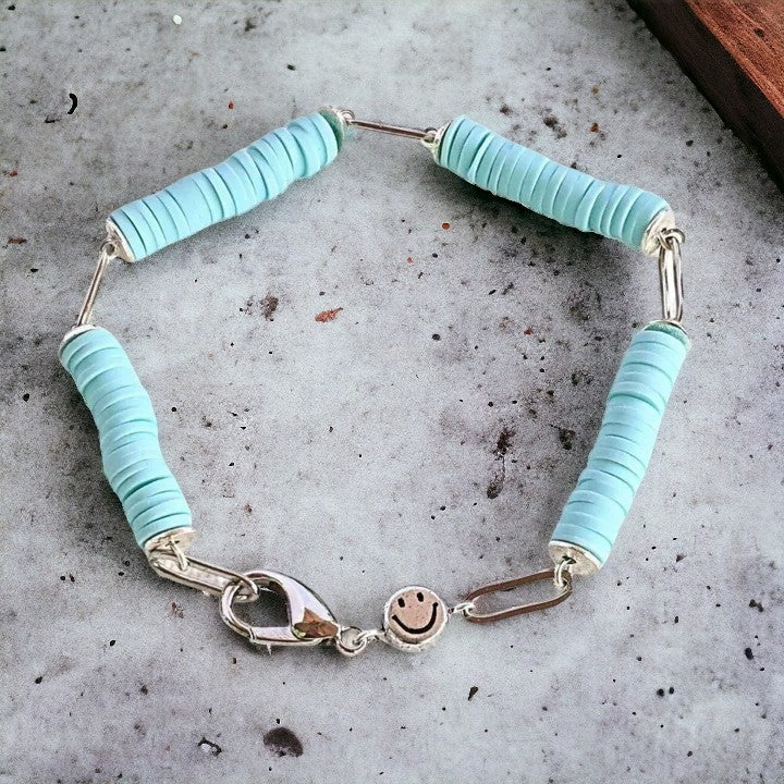 Aqua Blue Smiley Stainless Steel Paperclip Chain Bracelet