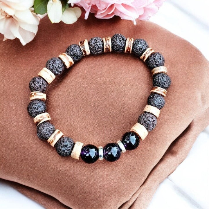 Dark Amethyst Gemstone Lava Bead Stretch bracelet-FEBRUARY Birthstone