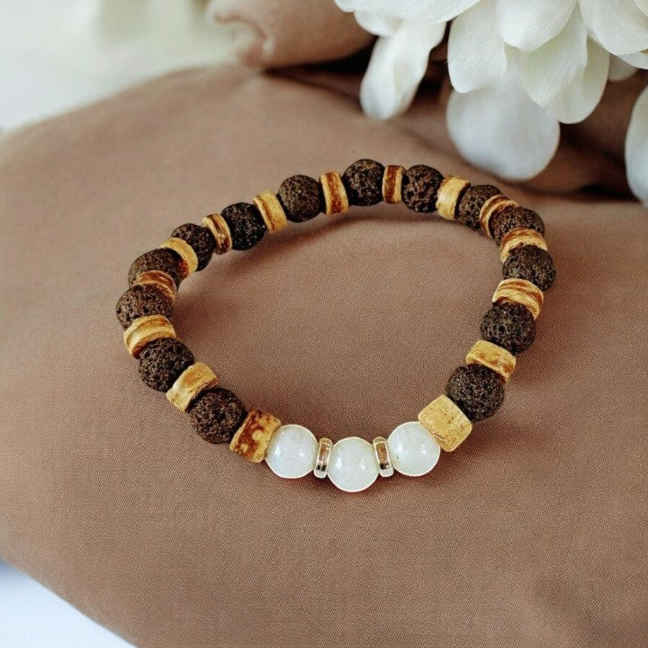 Moonstone Gemstone Lava Bead Stretch bracelet-JUNE Birthstone