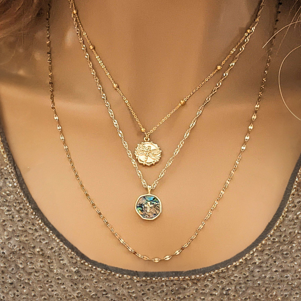 Gold Abalone Cross Bar/Dragonfly Layered Necklace Set
