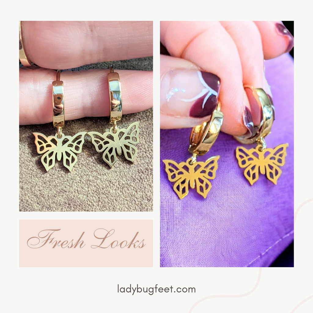 Gold Butterfly Hoop earrings, 16mm Hoop Drop