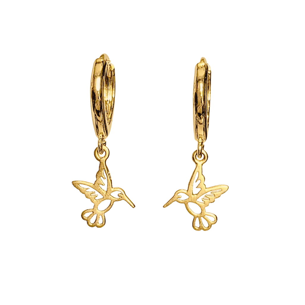 24K Gold Hummingbird Huggie Hoop earrings, 15mm Hoop Drop