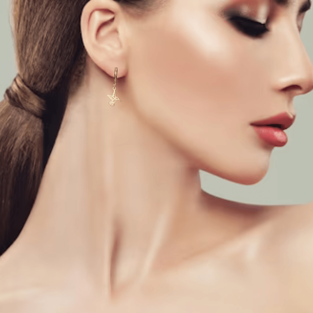 24K Gold Hummingbird Huggie Hoop earrings, 15mm Hoop Drop