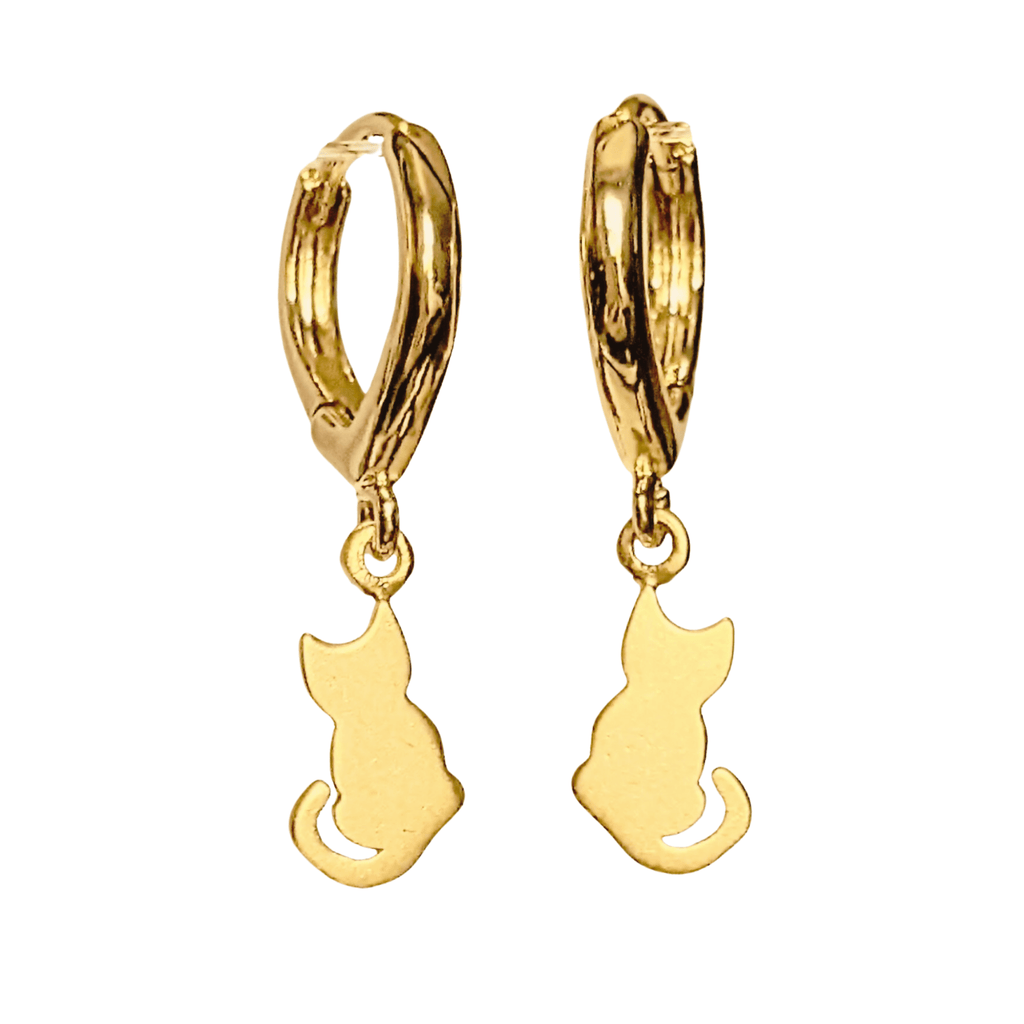 24K Gold Kitty Cat Huggie Hoop earrings, 15mm Hoop Drop