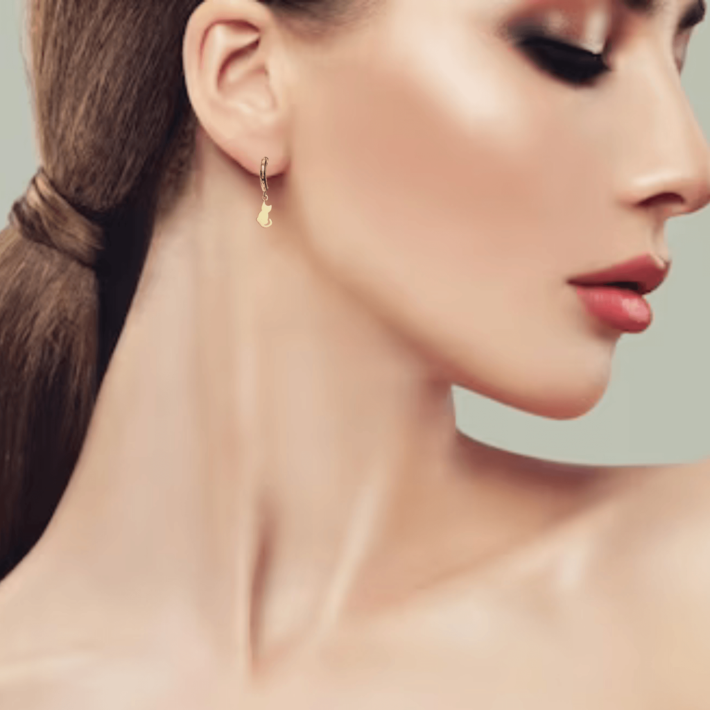 24K Gold Kitty Cat Huggie Hoop earrings, 15mm Hoop Drop