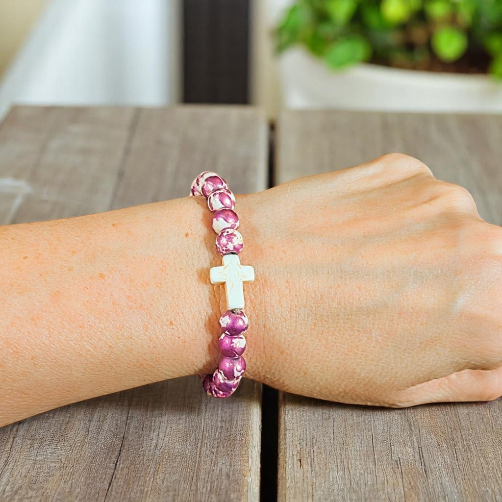 Mauve Ivory Beaded Cross Stretch bracelet