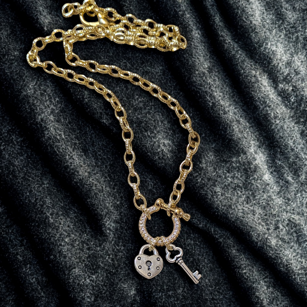 Heart Lock and Key Carabiner Necklace, Gold - 20 inch
