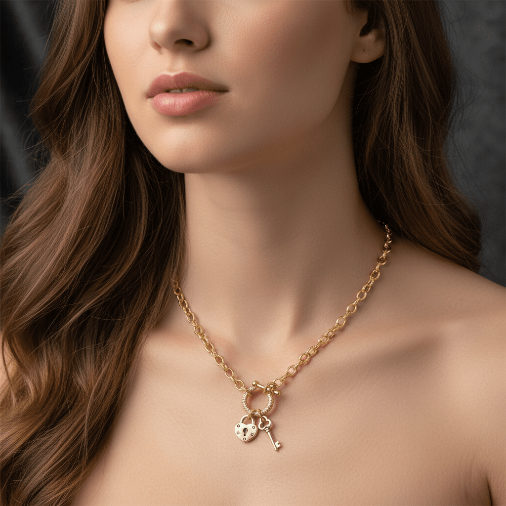 Heart Lock and Key Carabiner Necklace, Gold - 20 inch