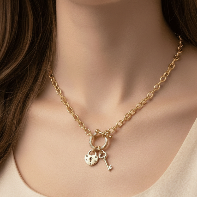 Heart Lock and Key Carabiner Necklace, Gold - 20 inch