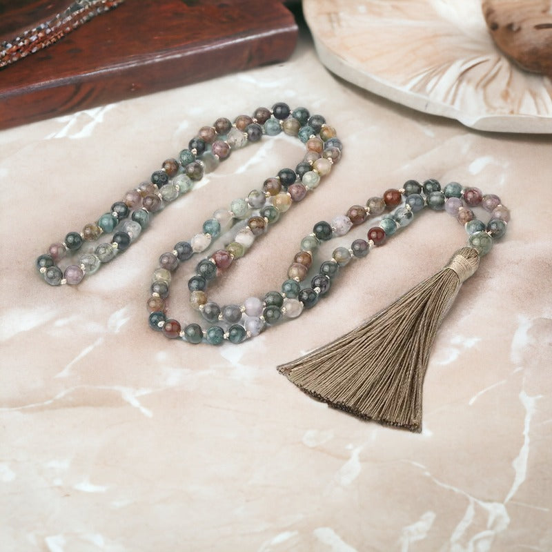 India Agate Semi-Precious Gemstone Tassel Necklace - 36 inch