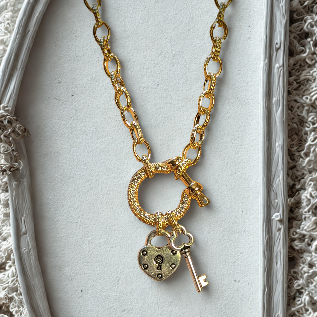 Heart Lock and Key Carabiner Necklace, Gold - 20 inch