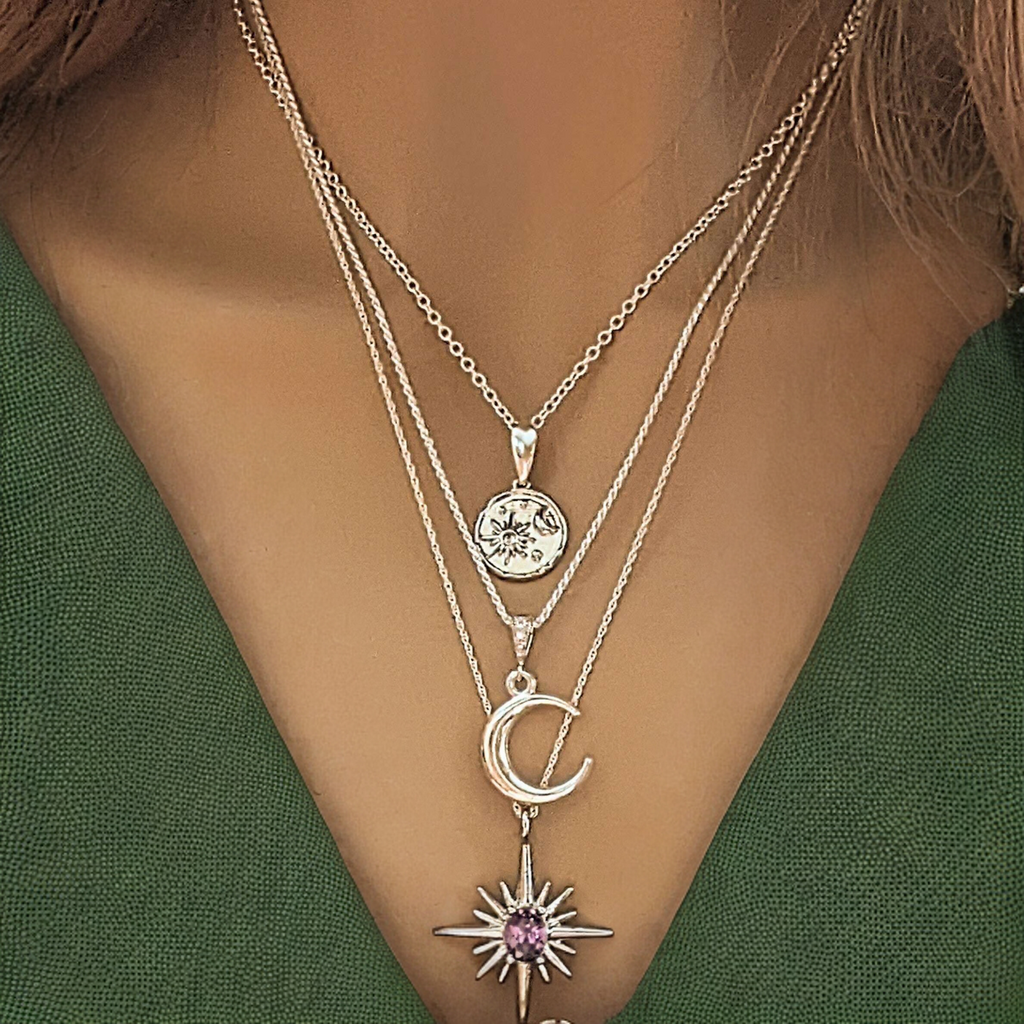 Silver Crescent Moon Layered Necklace Set