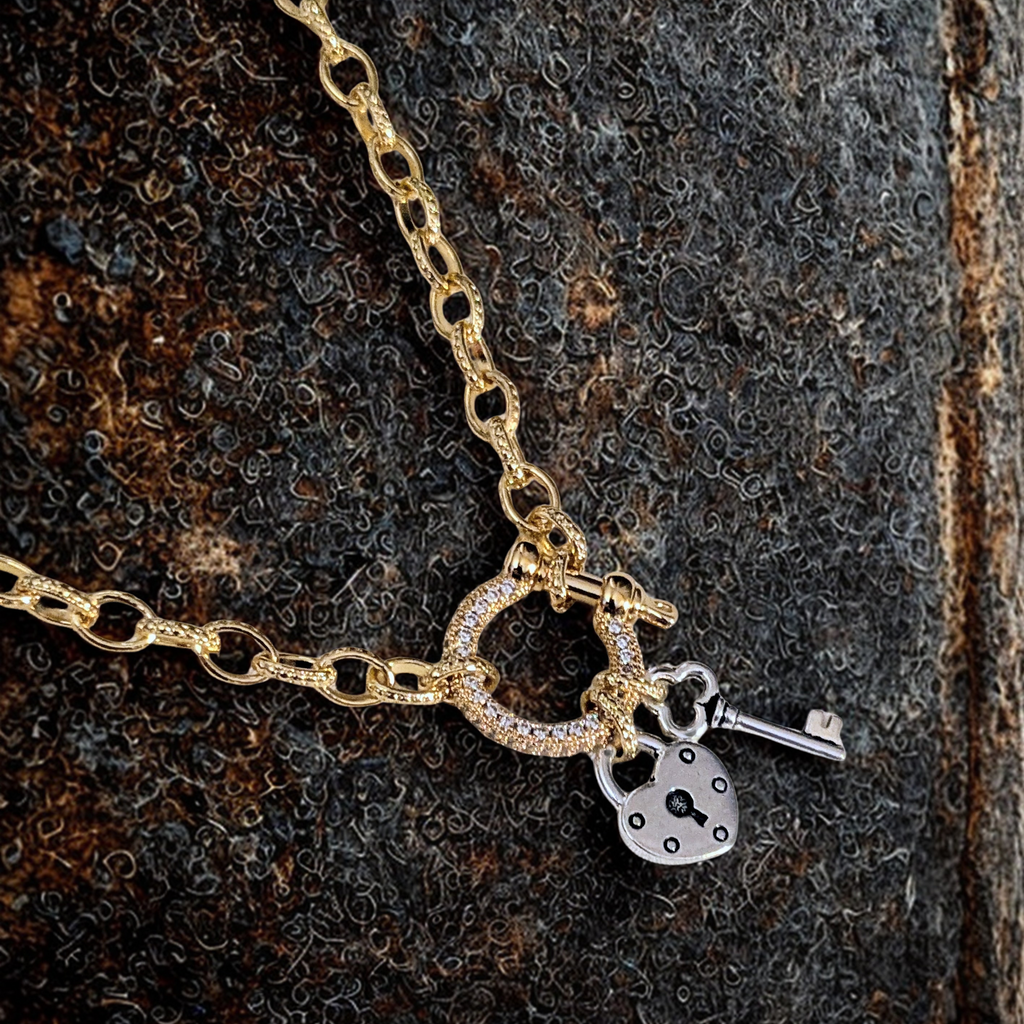 Heart Lock and Key Carabiner Necklace, Gold - 20 inch