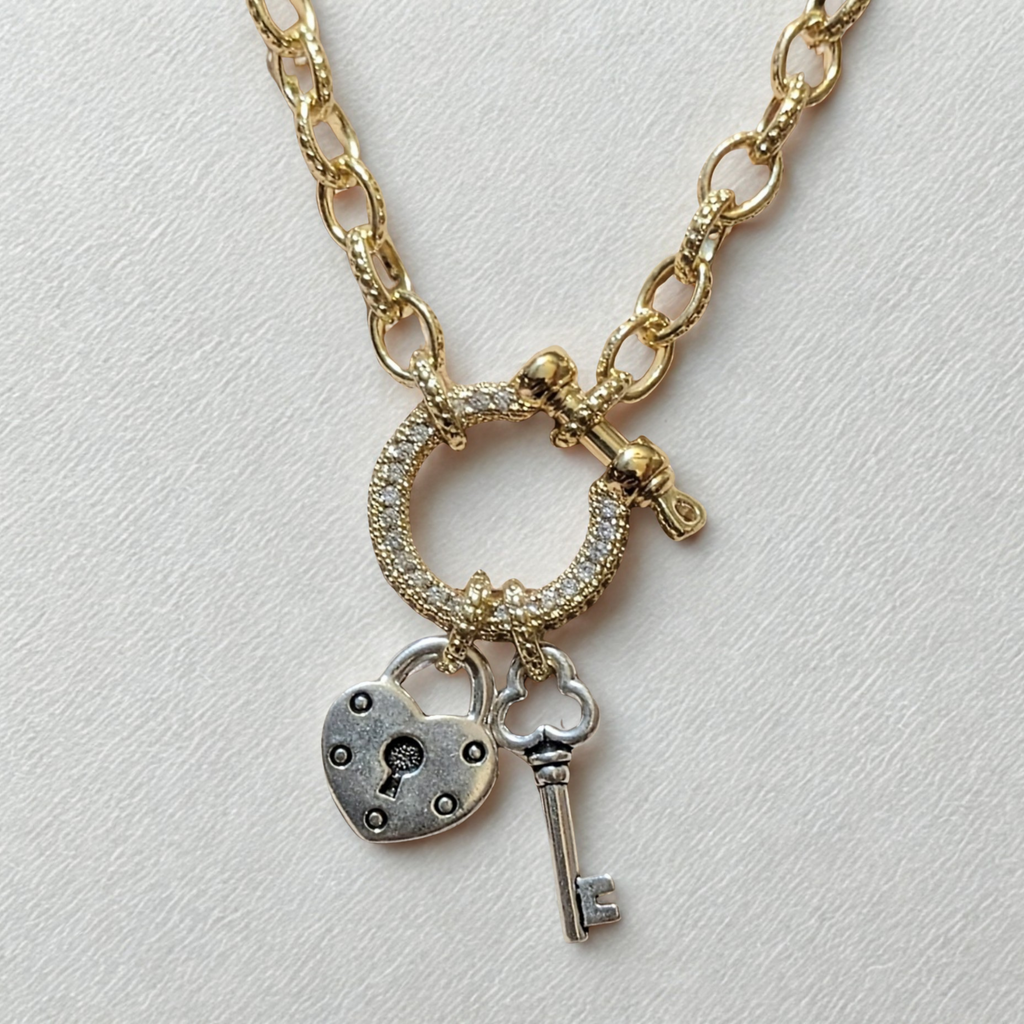 Heart Lock and Key Carabiner Necklace, Gold - 20 inch