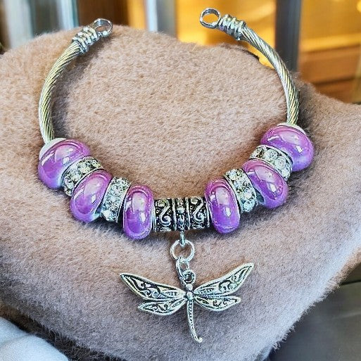 Lavender Beaded Dragonfly Euro Cuff Bangle