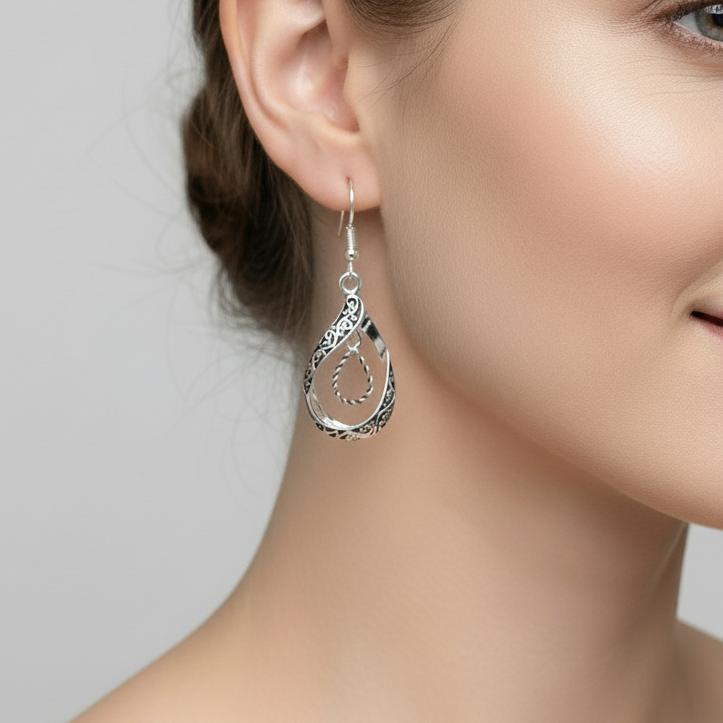 Double Tear Drop Ornate Dangle Earrings