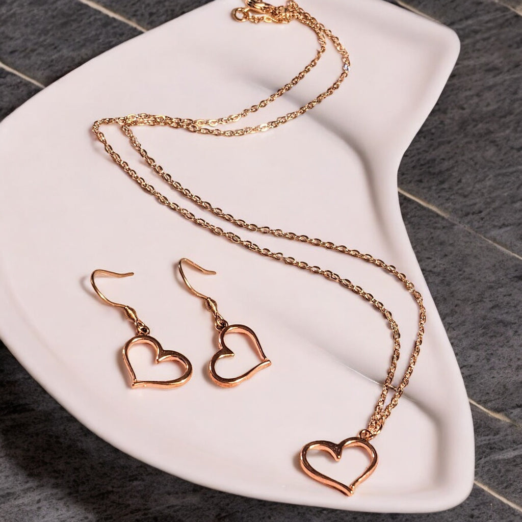 Open Heart Rose Gold necklace and earring set, 18 inch