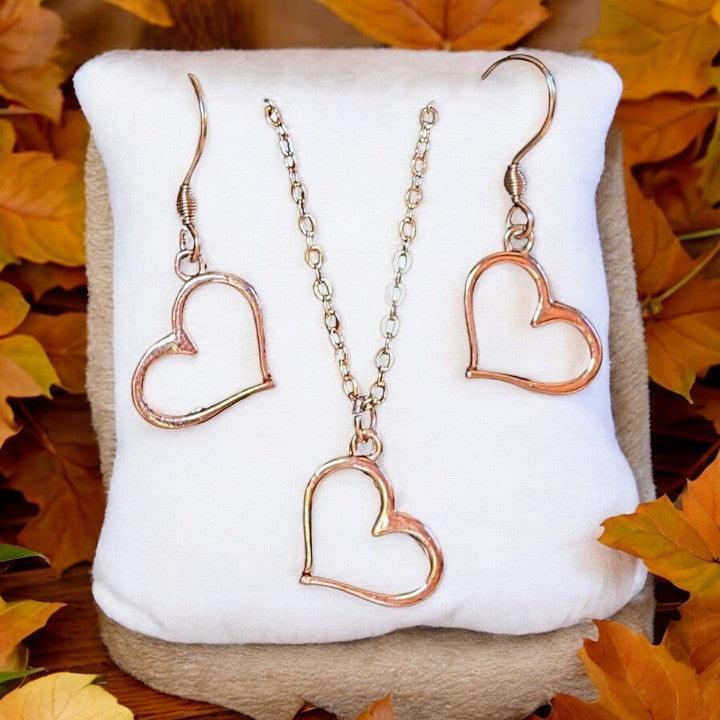 Open Heart Rose Gold necklace and earring set, 18 inch