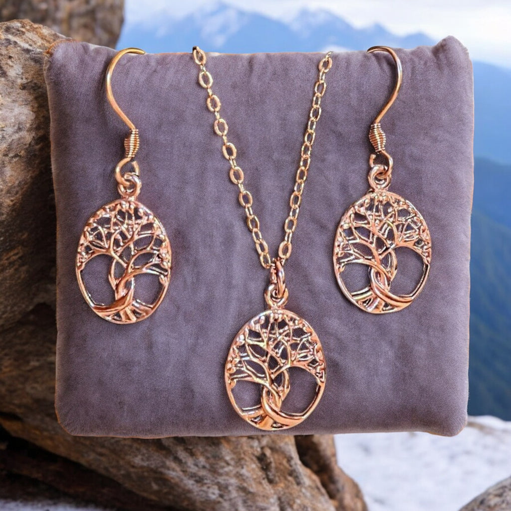 Tree of Life Rose Gold necklace earrings set,18 inch