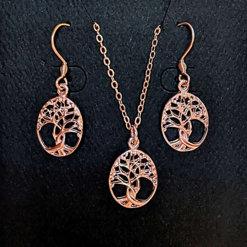 Tree of Life Rose Gold necklace earrings set,18 inch