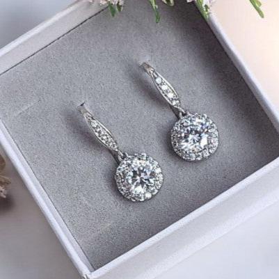 CZ Diamond Halo Earrings-APRIL Birthstone-Wedding Jewelry