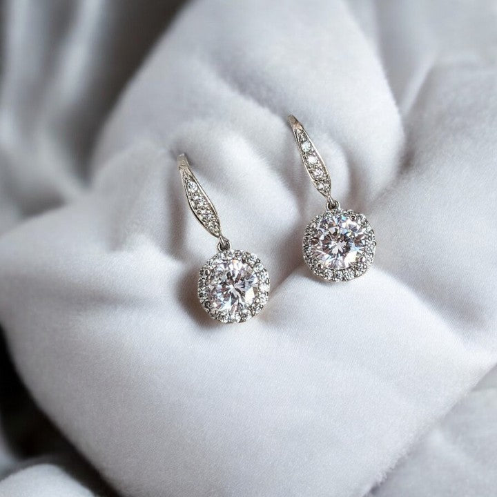 CZ Diamond Halo Earrings-APRIL Birthstone-Wedding Jewelry