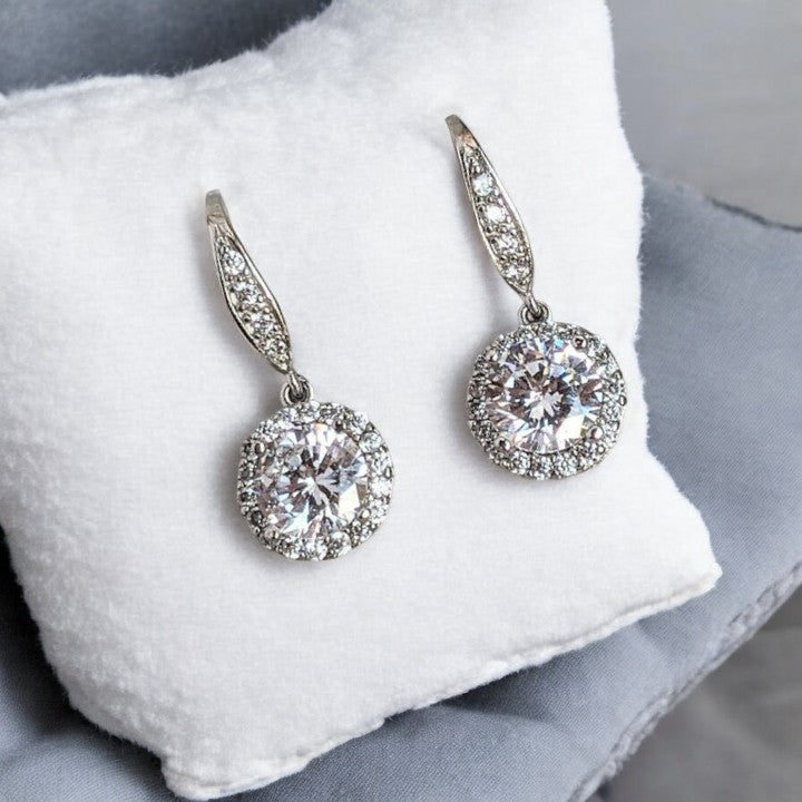 CZ Diamond Halo Earrings-APRIL Birthstone-Wedding Jewelry