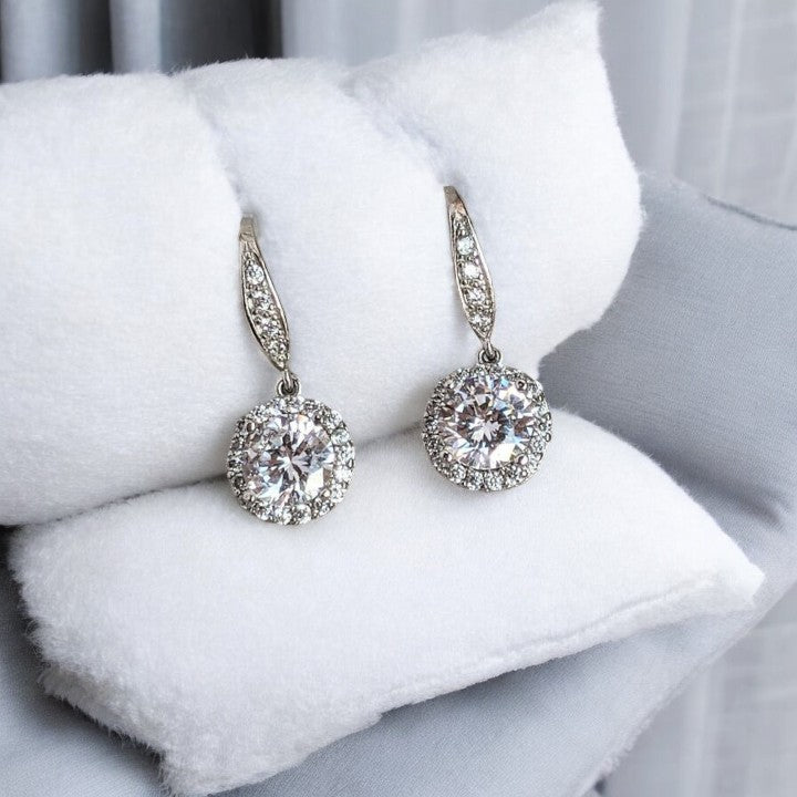 CZ Diamond Halo Earrings-APRIL Birthstone-Wedding Jewelry