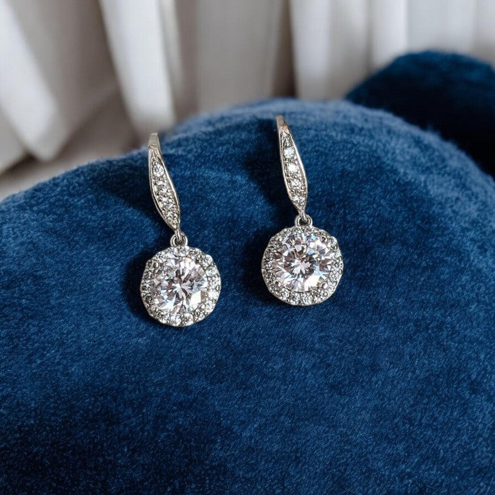 CZ Diamond Halo Earrings-APRIL Birthstone-Wedding Jewelry