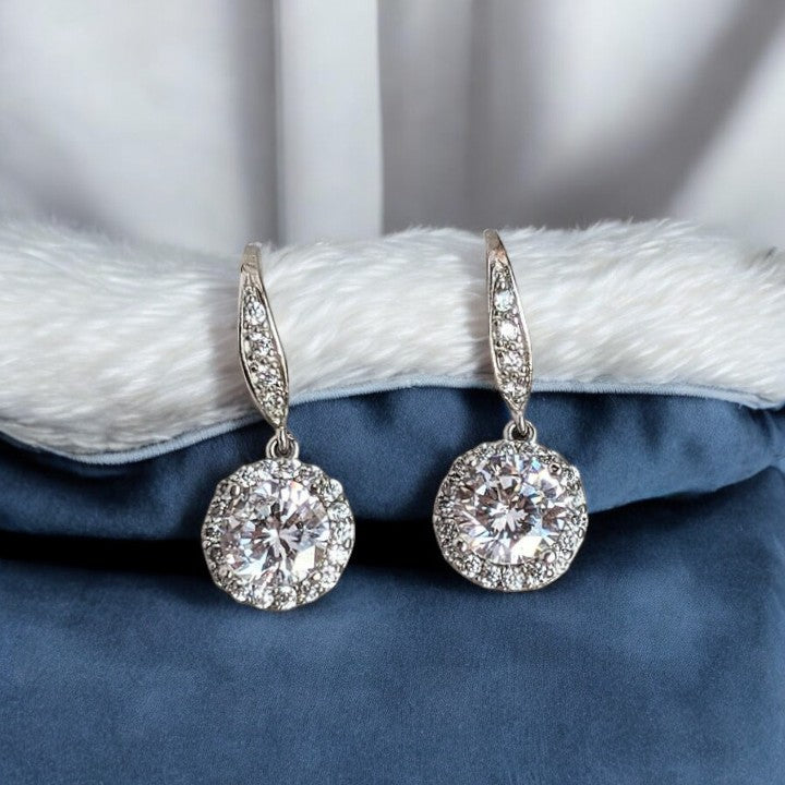 CZ Diamond Halo Earrings-APRIL Birthstone-Wedding Jewelry