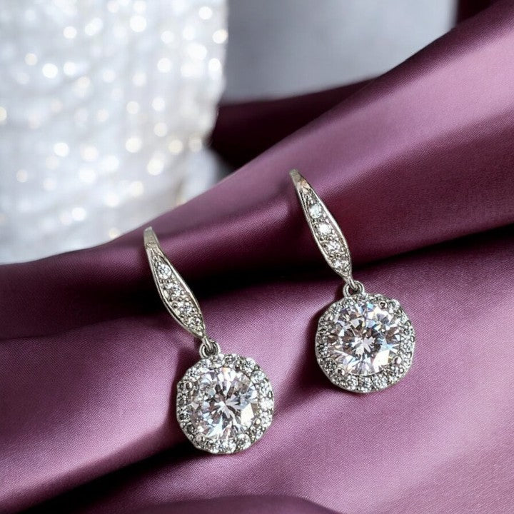 CZ Diamond Halo Earrings-APRIL Birthstone-Wedding Jewelry