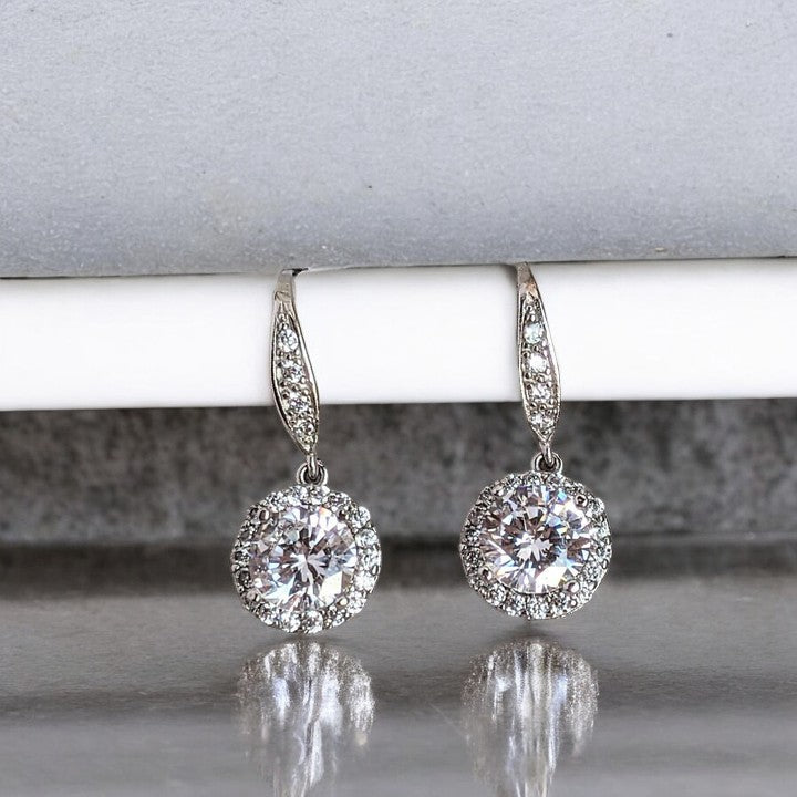 CZ Diamond Halo Earrings-APRIL Birthstone-Wedding Jewelry